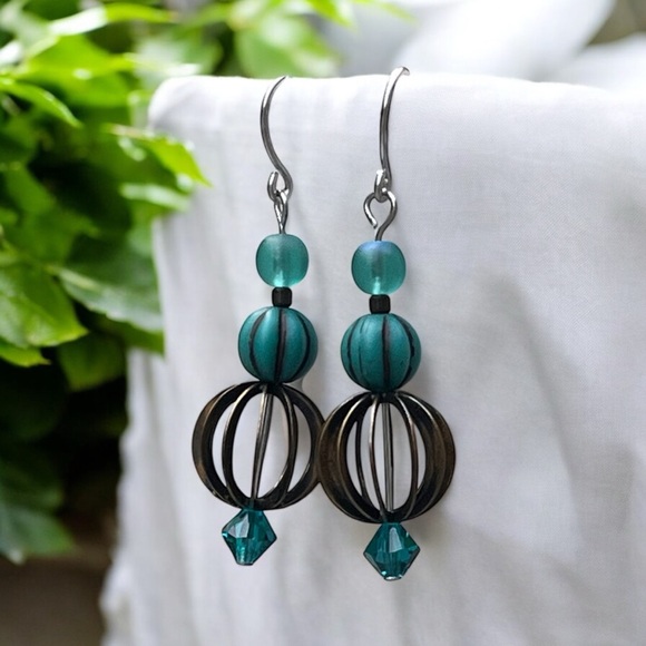 Hand crafted Teal and Brass Earrings - Picture 7 of 10